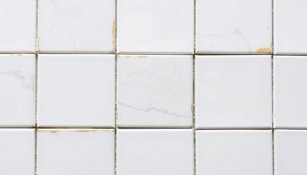 A close-up view of several ceramic tiles arranged in a grid, revealing the distinct gaps or spacing between them, known as "Fugenbreite". The tiles are shown against a clean, plain white background, allowing the focus to remain on the detailed texture and pattern of the tile surfaces, as well as the precise spacing between them. Excellent lighting from multiple angles highlights the shadows and crevices, creating a sense of depth and dimension. The image conveys a sense of order, precision, and the importance of proper tile installation, reflecting the technical aspects of the "Fugen und Dehnungsfugen" section of the article.
