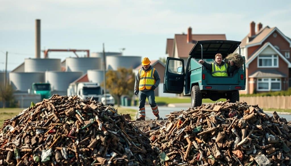 A detailed, side-by-side comparison of commercial and private waste disposal practices. In the foreground, two piles of debris - one distinctly larger, representing the scale of commercial waste. In the middle ground, a professional waste management worker in a high-visibility uniform, contrasted with a homeowner transporting a small load in a personal vehicle. The background depicts the differing infrastructures, with large commercial waste facilities juxtaposed against a residential neighborhood. Crisp, realistic lighting illuminates the scene, with dramatic shadows conveying the weight and volume of the waste. The overall tone is one of scale, efficiency, and the distinct differences between commercial and private waste disposal methods.
