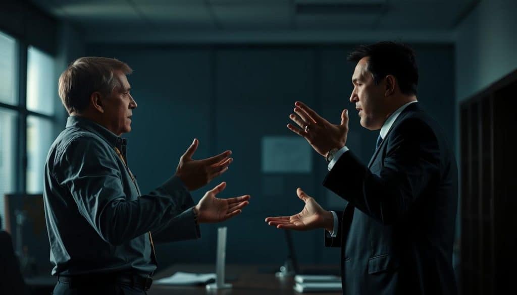 A heated discussion between two figures, their gestures and expressions conveying a tense atmosphere. The foreground depicts the confrontation, with the figures locked in an intense dialogue, their hands gesturing animatedly. The middle ground is blurred, focusing the viewer's attention on the central conflict. In the background, a dimly lit office setting, with muted colors and shadows, adding to the sense of unease. Dramatic lighting casts dramatic shadows, heightening the dramatic tension. The overall mood is one of conflict resolution, with a focus on the process of resolving a dispute through open communication and negotiation.