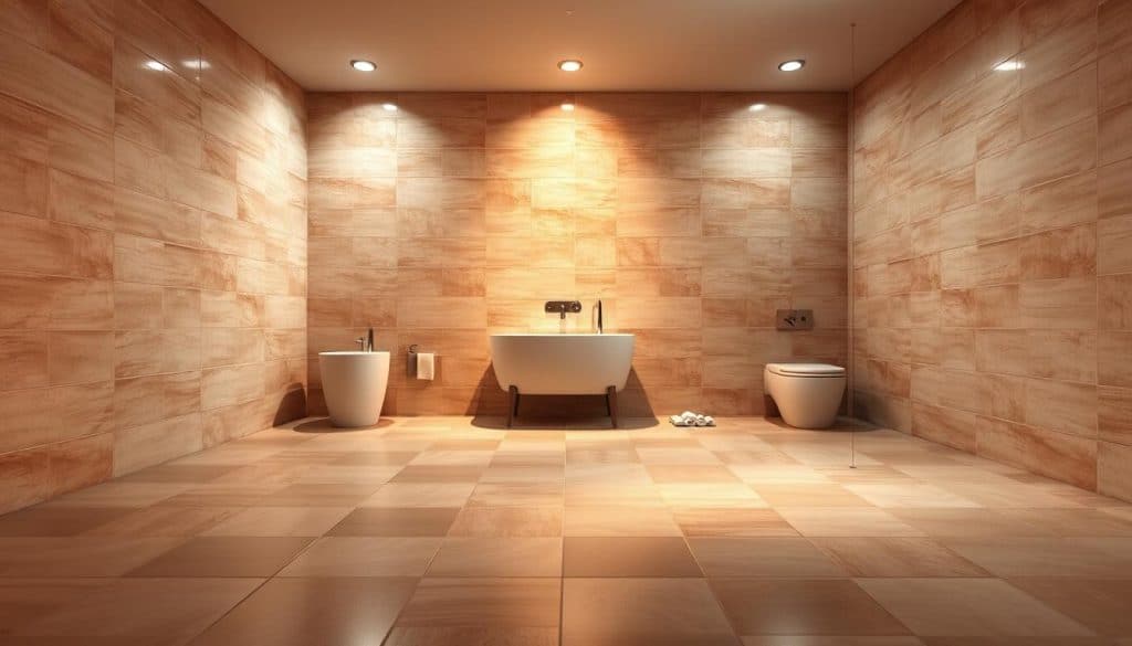 A high-quality tile surface reflecting a warm, inviting ambiance in a well-lit, spacious bathroom. The tiles, arranged in a visually striking yet cohesive pattern, exude a sense of premium craftsmanship and durability. Soft, diffused lighting from recessed fixtures illuminates the space, highlighting the tiles' smooth, glossy finish and subtle color variations. The overall scene conveys a spa-like atmosphere of relaxation and easy maintenance, perfectly complementing the subject of the article's section on "Fliesenqualität und Pflegeleichtigkeit".