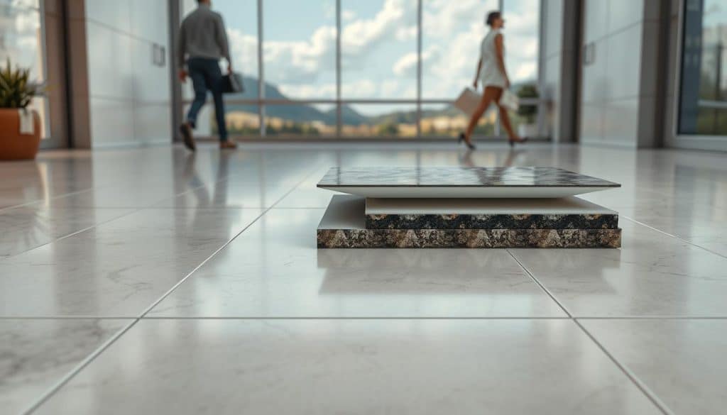 A large, durable ceramic tile flooring occupies the foreground, its surface gleaming with a high-gloss finish under soft, diffused lighting. The middle ground features a cross-section view, revealing the tile's substantial thickness and multiple internal layers, including a dense, reinforced core and a protective topcoat. In the background, a scene depicting the passage of time unfolds, with the tile maintaining its pristine appearance despite the wear and tear of heavy foot traffic over the years. The overall composition conveys the lasting durability and longevity of this high-quality tile, emphasizing its suitability for high-traffic environments.