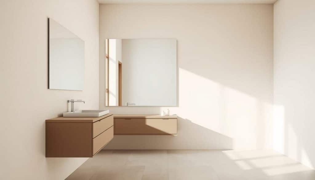 A minimalist bathroom interior with a focus on clean lines and negative space. The foreground features a sleek, wall-mounted sink and vanity unit in a neutral tone, with a seamless countertop and minimalist fixtures. The middle ground showcases a large, frameless mirror that reflects the natural light streaming in through the window in the background, creating a sense of depth and airiness. The walls are painted in a soft, muted color, allowing the simple, yet elegant elements to take center stage. The overall mood is one of tranquility and sophistication, with a emphasis on open, uncluttered surfaces and a harmonious balance of form and function.