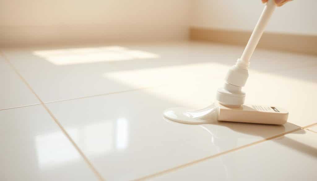 A pristine ceramic tile surface, glistening under soft, warm lighting. In the foreground, a protective sealant being carefully applied with a clean, precision applicator, creating a glossy, impermeble barrier. The middle ground reveals the tile's intricate, textured pattern, hinting at its resilience. In the background, a clean, minimalist environment emphasizes the tile's role in safeguarding surfaces from wear and tear. An atmosphere of care, diligence and functional elegance pervades the scene, capturing the essence of protecting sensitive ceramic tiles.