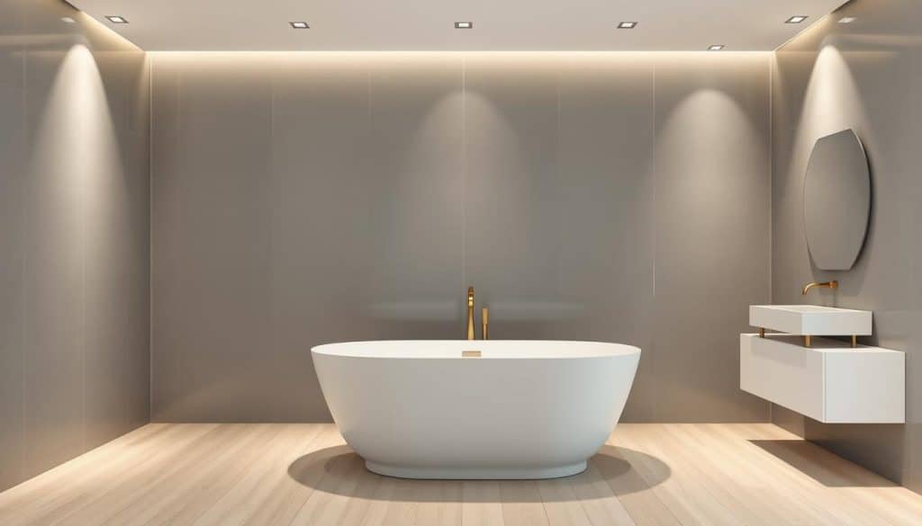 A serene and minimalist Scandinavian-inspired bathroom design. The focal point is a sleek, monochromatic grey tile wall that extends from the floor to the ceiling, creating a clean and calming backdrop. In the foreground, a modern freestanding bathtub in a soft white hue sits atop a light wood plank floor, surrounded by minimalist fixtures and accents in brushed brass. Indirect lighting from recessed ceiling fixtures casts a warm, soft glow across the space, enhancing the sense of tranquility. The overall atmosphere is one of simple elegance, with a subtle Scandinavian aesthetic that emphasizes natural materials, muted tones, and understated sophistication.