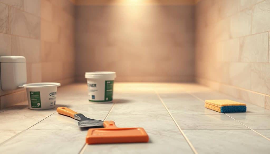 A spacious and well-lit bathroom interior, featuring a meticulously prepared tiled floor. In the foreground, an array of tiling tools and materials, including a grouting float, a bucket of grout, and a grouting sponge, neatly arranged. The middle ground showcases the freshly laid tiles, their surfaces clean and ready for the grouting process. The background gently fades into a soft, neutral color palette, creating a sense of focus and calm. The lighting is warm and diffused, casting a gentle glow over the scene, highlighting the textures and colors of the tiles and materials. The overall atmosphere conveys a sense of preparation, attention to detail, and the importance of proper tiling preparation before the grouting begins.