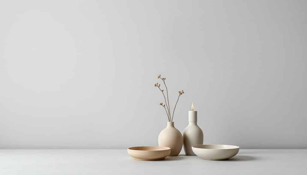 A subtly textured, soft gray background with a gentle ambient lighting, creating a serene and calming atmosphere. In the foreground, a collection of simple, elegant home decor items - a vase with a single, delicate flower, a minimal candlestick, and a small, smooth ceramic dish - arranged in a harmonious, minimalist composition. The materials and shapes complement the earthy tones of the textured gray, forming a cohesive, visually pleasing scene that evokes a sense of understated sophistication and natural harmony.