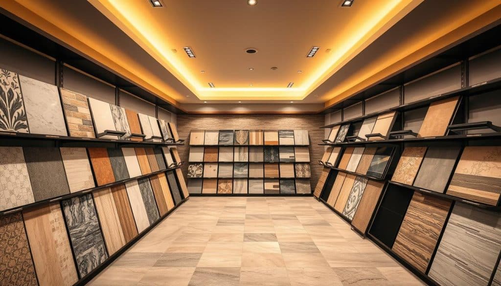A well-lit and spacious tile showroom with a variety of floor and wall tiles displayed on modern shelving units. The tiles showcase different textures, patterns, and colors, ranging from classic ceramic tiles to sleek porcelain and natural stone options. Warm, indirect lighting illuminates the space, creating a welcoming and inspirational atmosphere for customers to explore and select the perfect tiles for their home improvement project. The scene highlights the wide selection and high-quality craftsmanship of the tiles, inviting the viewer to envision how they could transform their living space.