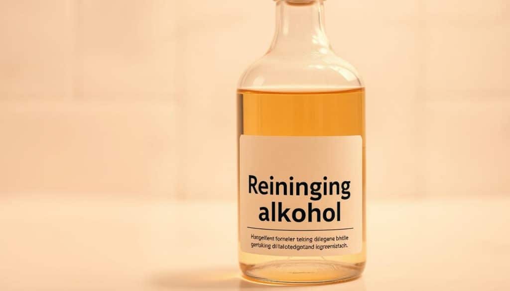 A well-lit close-up of a glass bottle containing a clear, colorful liquid labeled "Reinigungsalkohol" (Cleaning Alcohol) on a soft, neutral-toned background. The bottle is positioned in the foreground, with a gentle blur in the middle and background to draw the viewer's attention to the product. The lighting is warm and diffused, creating a sense of calmness and care. The overall composition conveys a delicate, thoughtful approach to using this gentle cleaning solution on sensitive tile surfaces.