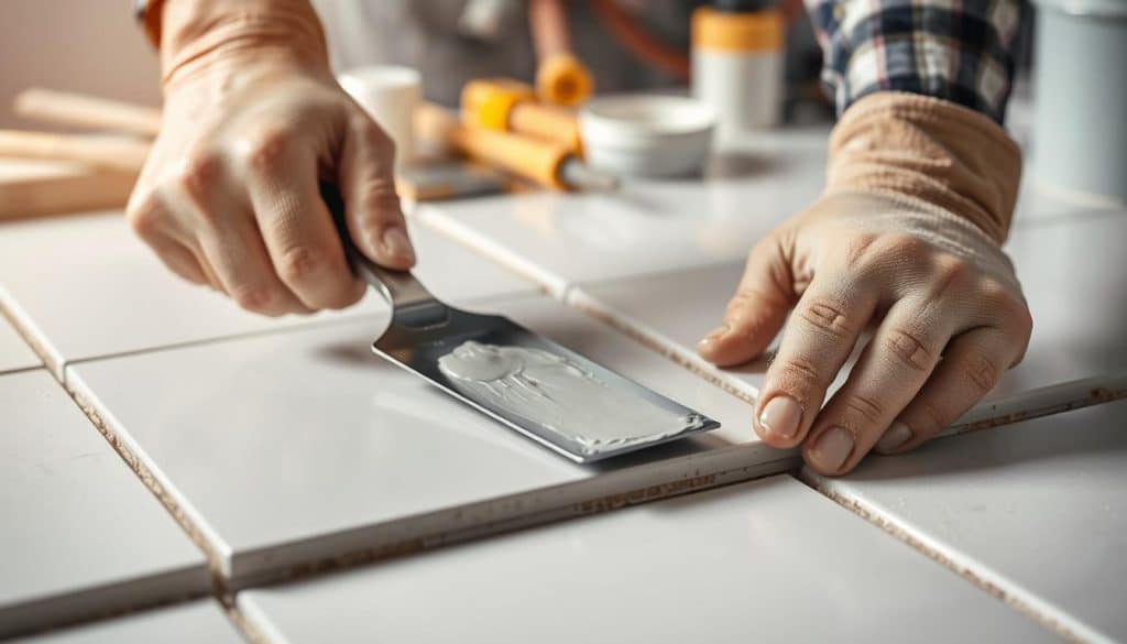 A well-lit, close-up shot of a construction worker's hands expertly applying a smooth, consistent layer of gray spackling compound onto a tiled surface. The trowel glides effortlessly, leaving behind a flawless, unblemished finish. In the background, a variety of professional-grade tiling tools and materials are neatly arranged, conveying a sense of precision and expertise. The scene exudes a serene, confident atmosphere, capturing the nuanced techniques and attention to detail required for a perfect tiling job. The resulting image should visually communicate the "Tipps und Tricks für ein perfektes Ergebnis" of the article's tiling spackling section.