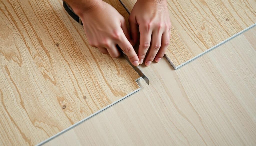 A well-lit, high-angle close-up view of a worker's hands carefully measuring and cutting ceramic tiles to fit snugly against the edges of an OSB (oriented strand board) panel. The tiles have a neutral, earthy color palette and a subtle textured surface, complementing the grainy, light-colored wood grain beneath. The worker's movements are precise and focused, with a sense of care and attention to detail. The image conveys the skilled process of customizing tile edges to create a seamless, professional-looking installation, fitting the "Randfliesen zuschneiden" (Cutting edge tiles) section of the article.