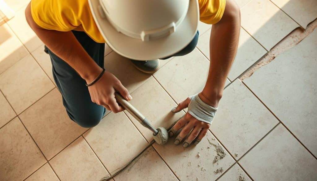 A well-lit, high-angle shot of a construction worker carefully applying grout (Fugenmörtel) between freshly laid tiles. The worker's focused expression and the texture of the mortar are clearly visible, highlighting the precision and care needed for proper tile grouting. The background features a partially tiled floor, suggesting an ongoing renovation project. Warm, natural lighting casts soft shadows, creating a sense of depth and dimension. The composition emphasizes the importance of thorough grouting to ensure a durable and aesthetically pleasing tile installation.
