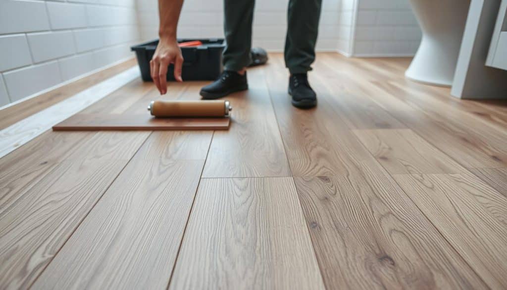A well-lit, high-angle shot of a wooden floor being installed, with a vinyl plank flooring material in the foreground. The vinyl planks have a realistic wood-like texture and pattern, and are being carefully placed and locked together by a pair of hands using a roller tool. In the middle ground, a toolbox and additional vinyl planks are visible, suggesting a professional installation process. The background shows a clean, minimalist bathroom setting, with white tiles on the walls, suggesting the context of a bathroom renovation. The overall scene conveys a sense of precision, attention to detail, and a smooth, seamless installation of the vinyl flooring.