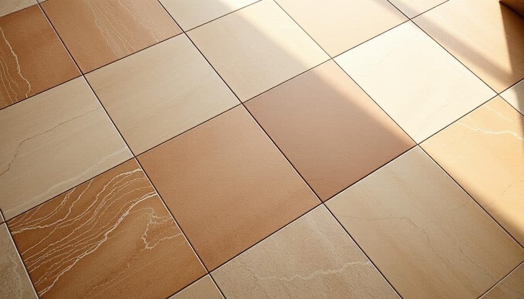 A well-lit, high-angle view of a variety of premium quality porcelain tile flooring specimens in a warm, earthy color palette. The tiles are arranged in a visually appealing pattern, showcasing their intricate textures, subtle tones, and superior craftsmanship. The scene conveys a sense of quality, durability, and timeless elegance suitable for a high-end residential or commercial space. Soft shadows and subtle highlights accentuate the tiles' refined, polished surfaces. The overall composition is clean, balanced, and inviting, capturing the essence of premium Feinsteinzeug porcelain floor tiles.