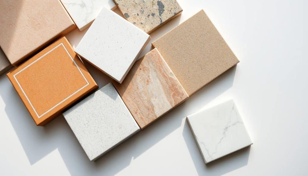 A well-lit, high-resolution close-up photograph of a variety of ceramic tile materials arranged on a clean, white background. The tiles should showcase different textures, colors, and patterns, such as smooth glazed tiles, natural stone tiles, mosaic tiles, and textured ceramic tiles. The arrangement should highlight the unique characteristics and versatility of each tile type. Subtle shadows and natural lighting should create depth and dimension, emphasizing the tactile quality of the materials. The composition should be visually appealing and effectively communicate the range of "Fliesenmaterialien" available for the article's subject.