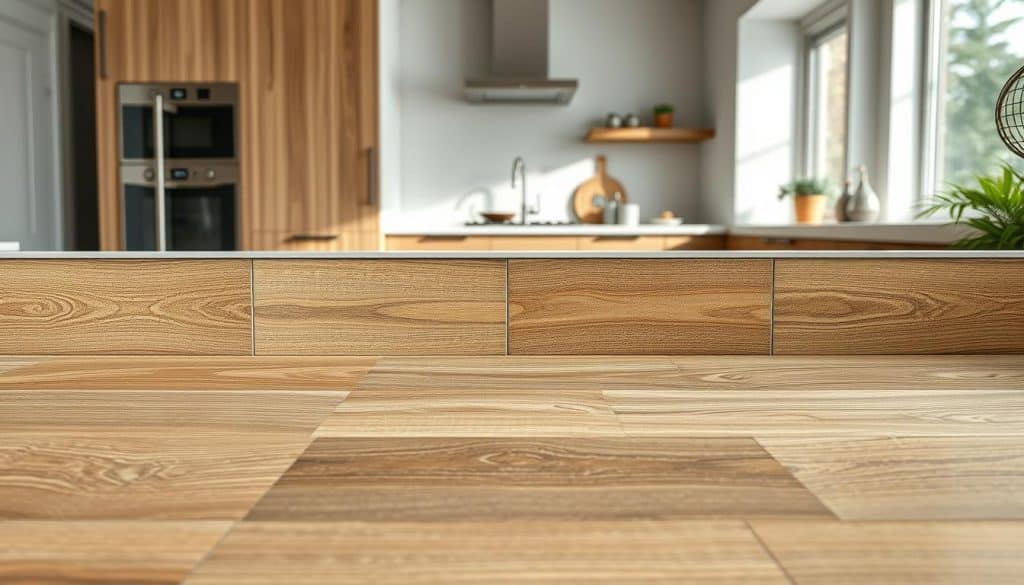 A well-lit, high-resolution interior scene showcasing the latest trends in wood-look ceramic tiles. The foreground features a series of intricately detailed tiles in natural, earthy hues, arranged in a harmonious pattern that creates a sense of depth and visual interest. The middle ground depicts the tiles being installed on a modern, minimalist kitchen or bathroom surface, with hints of stainless steel fixtures and clean white walls providing a contemporary contrast. The background subtly suggests a warm, inviting atmosphere, with soft, diffused lighting and a hint of natural greenery or decor elements that complement the wood-inspired aesthetic. The overall composition captures the timeless appeal and versatility of these rektifizierte fliesen, highlighting their ability to seamlessly blend classic and modern design elements.