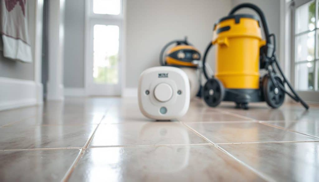 A well-lit interior scene showcasing various preventive measures against water damage. In the foreground, a tiled bathroom floor with a clear sealant or waterproofing membrane applied, ensuring a barrier against moisture infiltration. In the middle ground, a moisture sensor or alarm system is prominently displayed, providing early detection of any water issues. The background features a professional-grade water damage restoration kit, including a wet/dry vacuum, dehumidifier, and other specialized equipment, conveying a sense of preparedness and proactive approach to water damage prevention. The overall mood is one of control, organization, and a commitment to safeguarding the integrity of the flooring and surrounding structure.