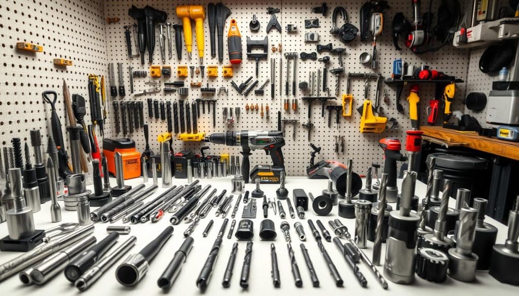 A well-lit workshop scene showcasing a diverse assortment of drilling accessories. In the foreground, an array of high-quality drill bits, countersinks, and masonry bits neatly arranged on a clean workbench. In the middle ground, a compact cordless rotary hammer drill and a selection of specialized tile and ceramic drilling attachments. The background features a pegboard wall displaying an organized collection of drilling guides, depth stops, and other essential accessories. The overall atmosphere is one of professional-grade tools and meticulous organization, conveying the impression of a workshop equipped to handle any tiling project with precision and efficiency.
