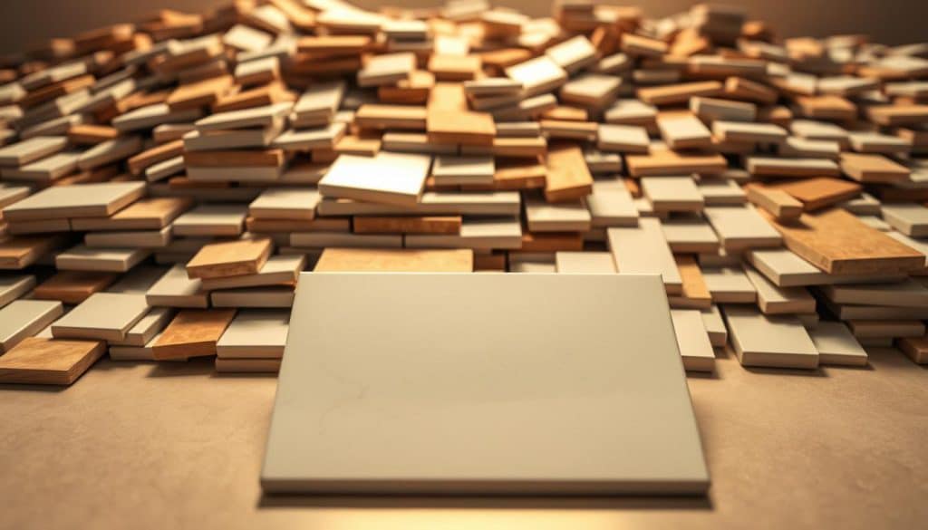 A well-stocked pile of spare tiles, each one precisely cut and meticulously arranged. The tiles glisten under the warm, diffused lighting, their surfaces smooth and unblemished. In the foreground, a crisp, clean tile stands out, reflecting the light and casting a subtle shadow on the surface below. The middle ground is filled with a diverse array of tile sizes and shapes, each one carefully selected and positioned to create a sense of order and symmetry. The background fades into soft, muted colors, drawing the eye to the central focus of the spare tiles - a testament to thoughtful planning and preparation for any tiling project.