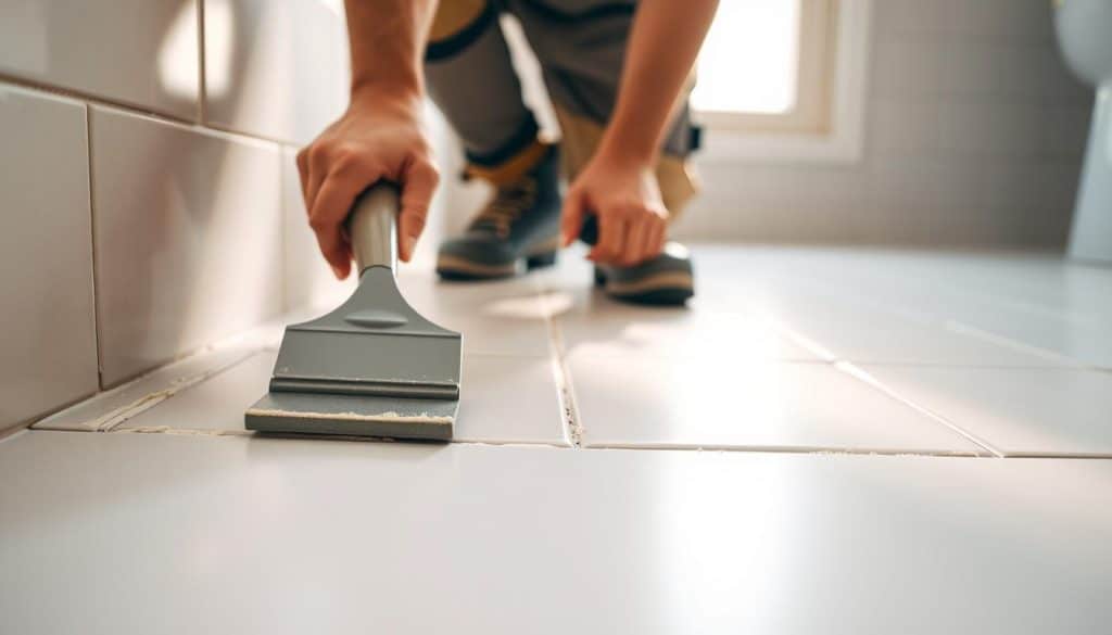 Detailed close-up view of a worker grouting the gaps between newly laid ceramic tiles on a bathroom floor. The tiler wears a work apron and kneepads, using a grouting float to carefully fill the spaces between the tiles with a creamy white grout compound. The tiled surface is bright and clean, reflecting the warm glow of natural light pouring in through a window. The background is hazy and softly blurred, placing the focus squarely on the intricate tile grouting process. The image conveys a sense of precision, care, and the final finishing touches required to complete a high-quality tile installation.