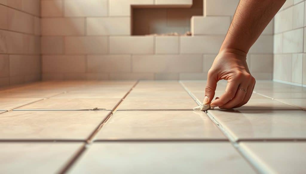 Fliesen verfugen: A bathroom scene showcasing the final step of tile installation. In the foreground, a pair of hands expertly applying grout between neatly aligned tiles, meticulously filling the gaps. The middle ground reveals the freshly grouted tiles, their surfaces glistening under warm, diffused lighting. In the background, a partially tiled wall provides context, hinting at the larger renovation project. The composition captures the precision and attention to detail required to complete this crucial final stage, creating a visually compelling representation of the "Fliesen verfugen" process.
