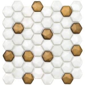 Mosaikmatte Ebru Hexagon Glas Weiß Gold 29 cm x 29 cm